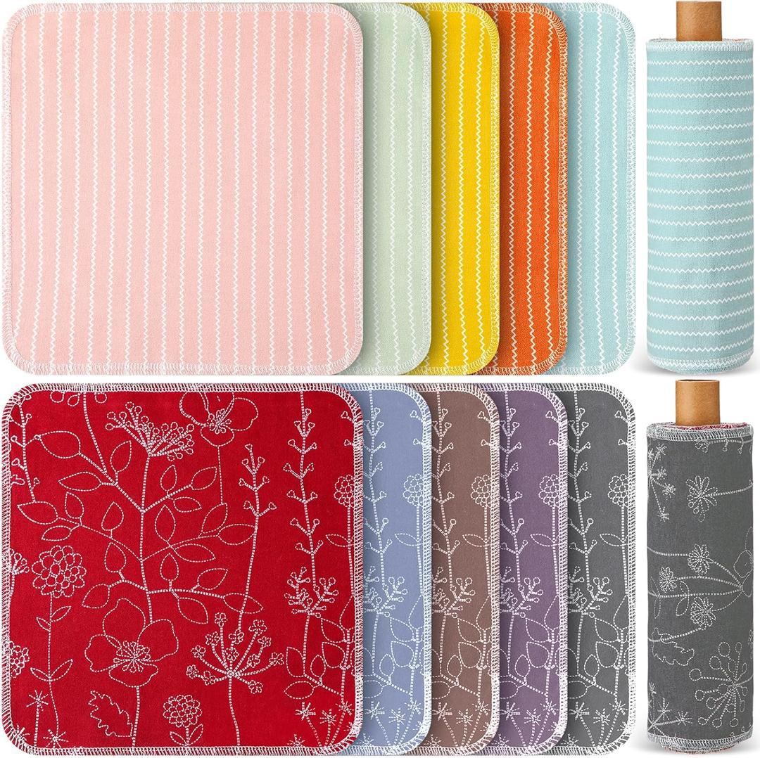 Redbaker 50 Pcs Reusable Paper Towels Paperless Reusable Cotton Cloths Toilet Absorbent Washable Paper Towels with Roll Kitchen Dishcloth for Kitchen Paperless Dishcloths(Stripe)