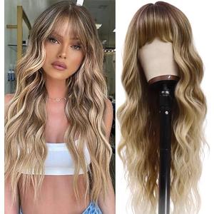 Vomella Dirty Blonde Wig with Bangs 26 Inch Long Curly Wavy Wigs for Women Natural Looking Synthetic Heat Resistant Wig for Daily Party Use