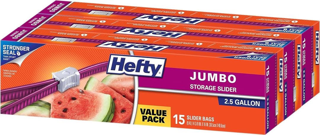 Hefty Slider Jumbo Storage Bags, 2.5 Gallon Size, 3 Boxes of 15 Bags (45 Total)