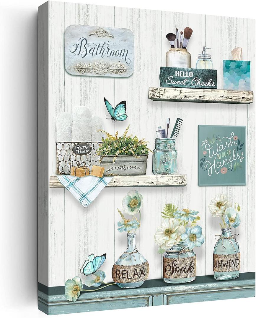 Farmhouse Bathroom Decor Wall Art Rustic Flower and Butterfly Bathroom Pictures Canvas Print Teal Country Bathroom Wall Decor Soak Relax Unwind Bathroom Wall Art Framed Ready To Hang 16''x24''
