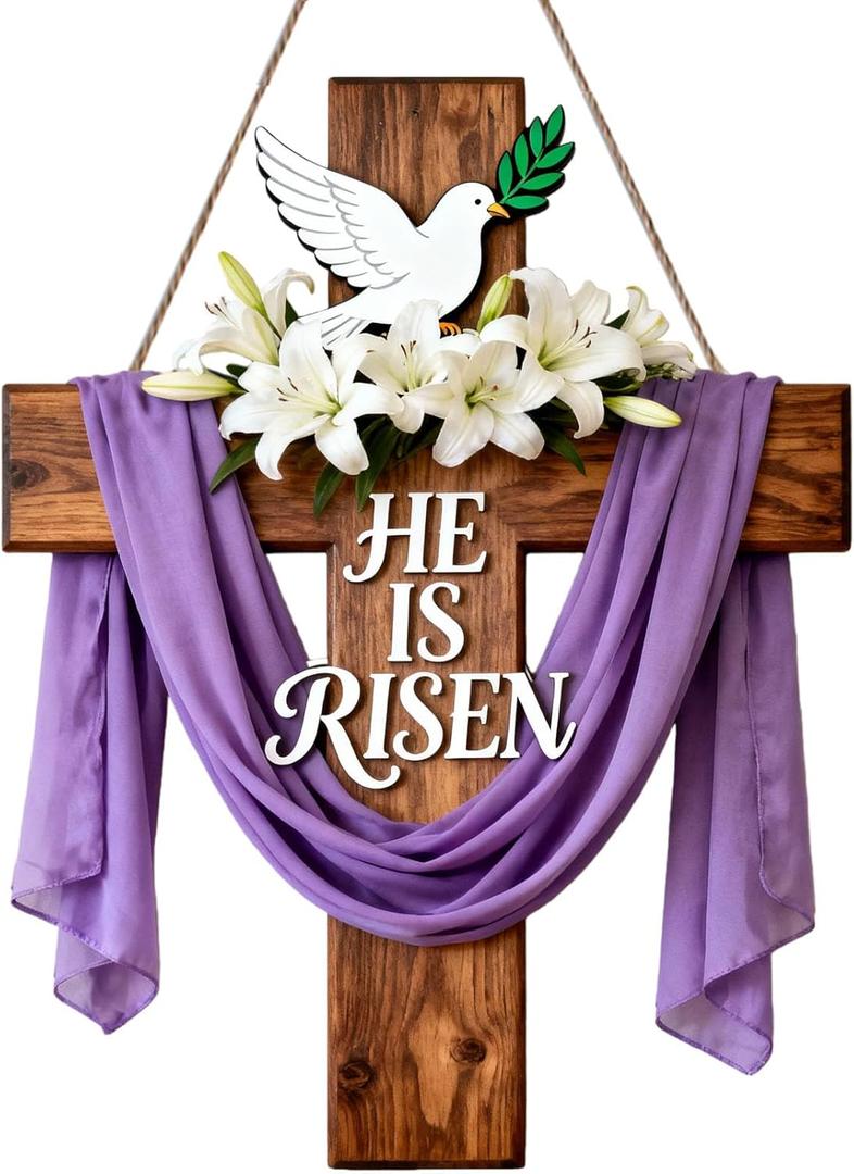 He is Risen Easter Decor, Wooden Cross Wall Hanging Sign with Purple Sash, White Lilies & Dove, Farmhouse Christian Home Decor for Front Door, Wall, Mantel - Easter Gift Idea