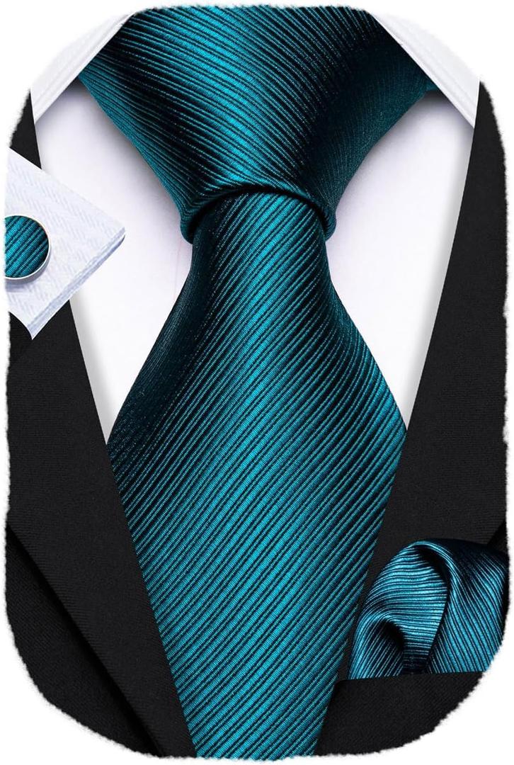 Barry.Wang Tie Sets for Men Silk Stripe Necktie Woven Checkered Handkerchief Cufflinks Formal Business Wedding (Solid Teal)
