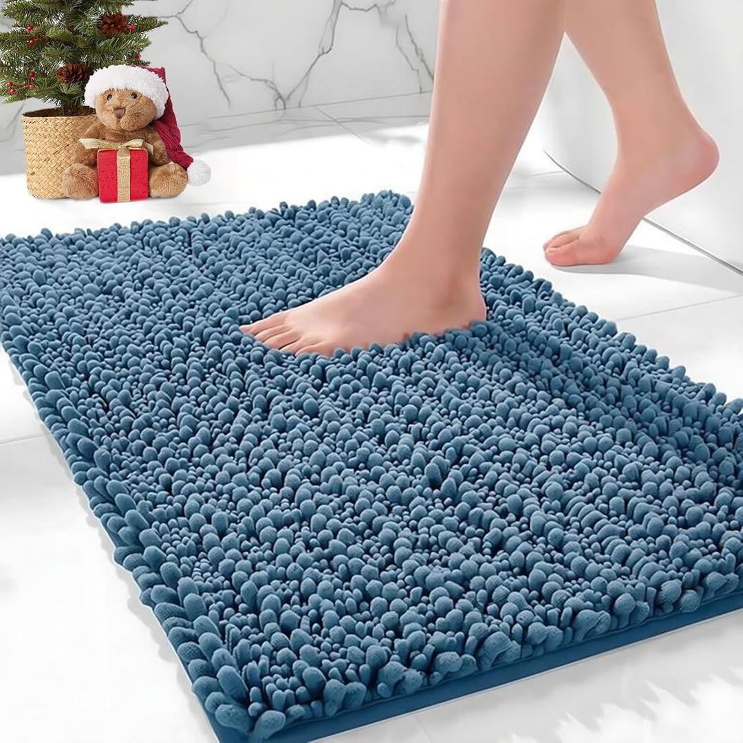 Bathroom Rugs Non Slip Washable 36x24, Extra Thick Soft Chenille Absorbent Bath Mat, High Density Barrier Non Slip Backing, Quick Dry Plush Shaggy Floor Carpet for Tub&Shower, Blue
