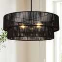 Black Boho Rattan Chandelier 23.6'' Hand Woven Chandelier Light Fixture 3-Light Farmhouse Drum Pendant Light for Dining Room Bedroom Kitchen Hallway Foyer