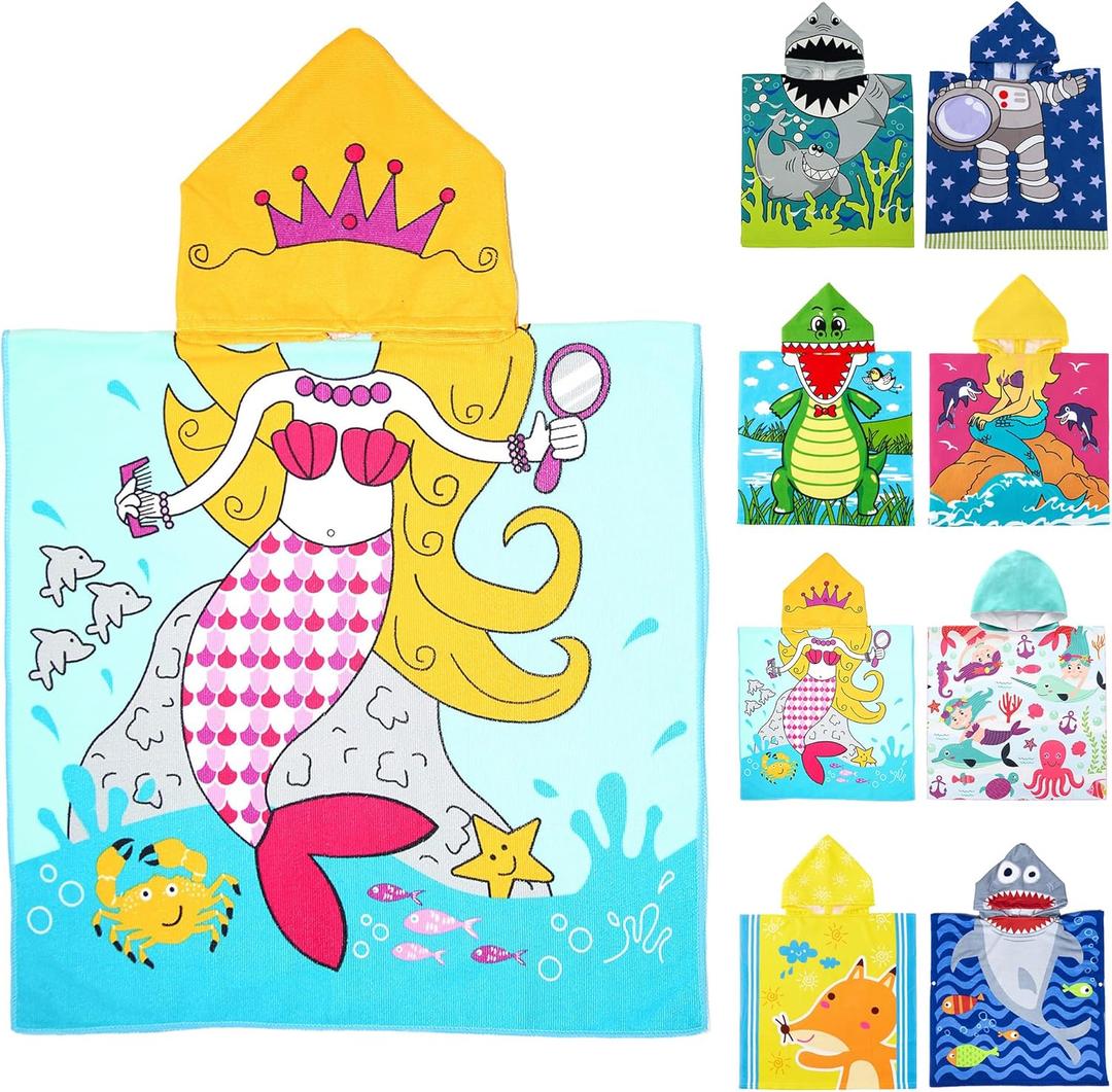 Cute Animal Hooded Beach Towel, Microfiber Bath Towels For Kids Toddler Infant Boy Girl, Animal Towels For Bath Pool Swim Swimwear Summer Beach Cartoon Shower Gifts (24x24 Inch, Mermaid Blue)