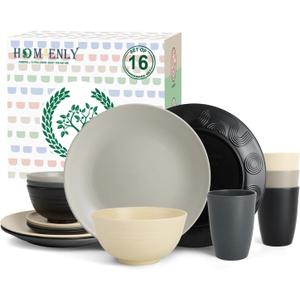Homienly Wheat Straw Dinnerware Set - Dinner Plates, Cereal Bowls, Drinking Cups Set, Unbreakable 16 PCS Dish Set, Microwave and Dishwasher Safe Dishes for Home, Outdoor - Grey Stone
