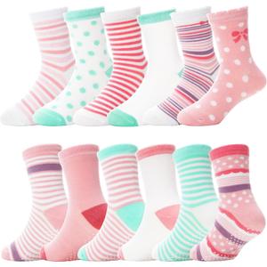 ANTSANG Baby Girls Toddlers Grips Socks Kids Non Slip/Anti Skid Unicorn Striped Crew Cotton Gift Socks (5-8 Years, Pink Green)