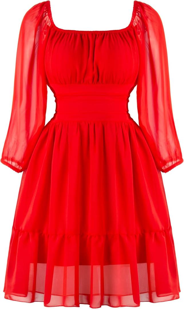 PUKAVT Women's Summer Dresses 2026 Square Neck Tie Back 3/4 Lantern Sleeve Vintage Chiffon Short Dress (XS)