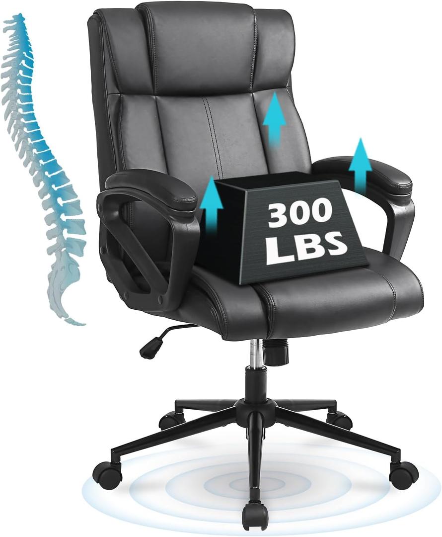 Executive Office Chair with Thicken Armrest, Ergonomic Home Office Desk Chair with Lumbar Support, Upholstered Leather Mid-Back Computer Gaming Chair for Home/Office, Black (Set of 1)