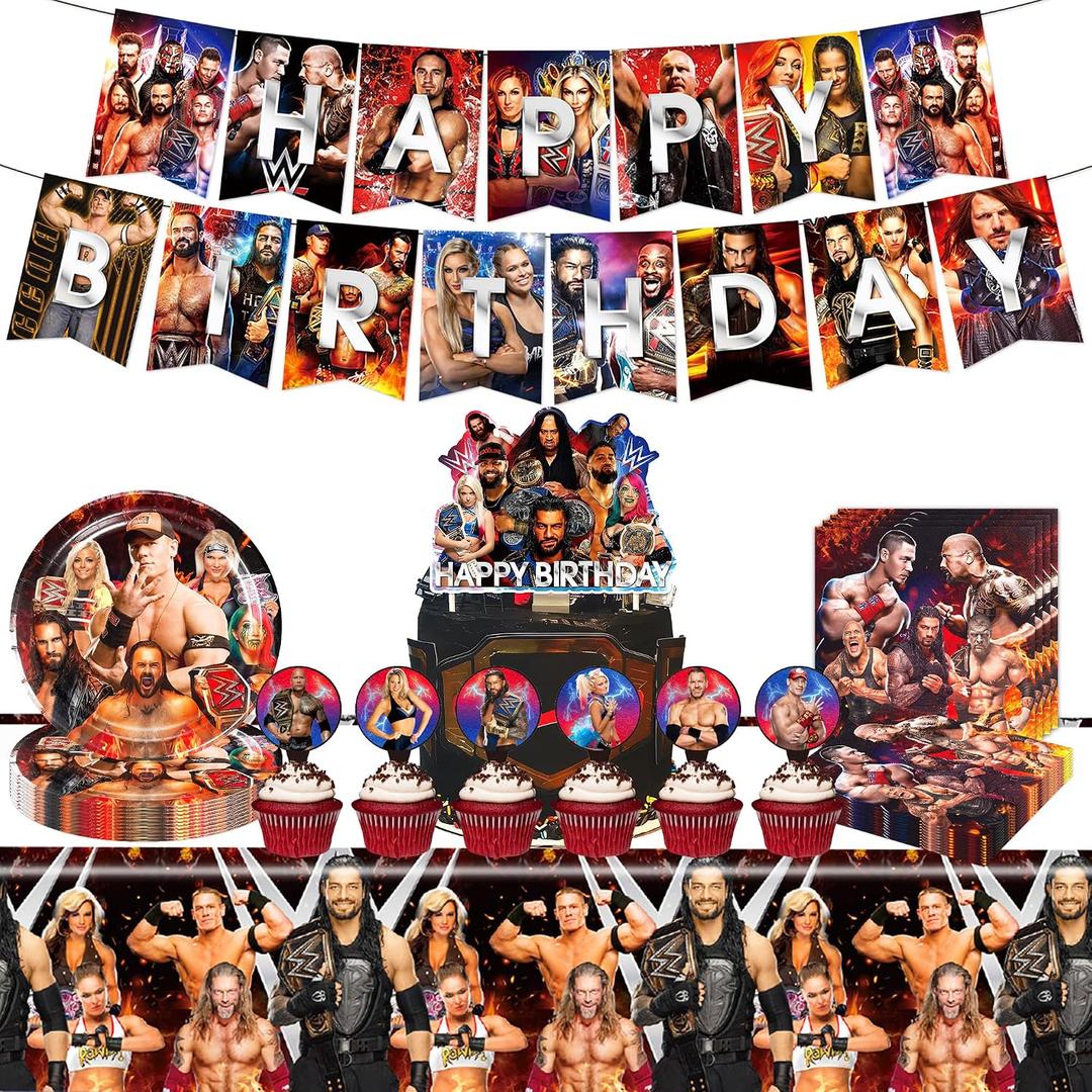 Wrestling Birthday Supplies, 55Pcs Wrestling Decorations include Banner, Tablecloth, cake topperPlates and Napkins for Teens Kids Party Decor