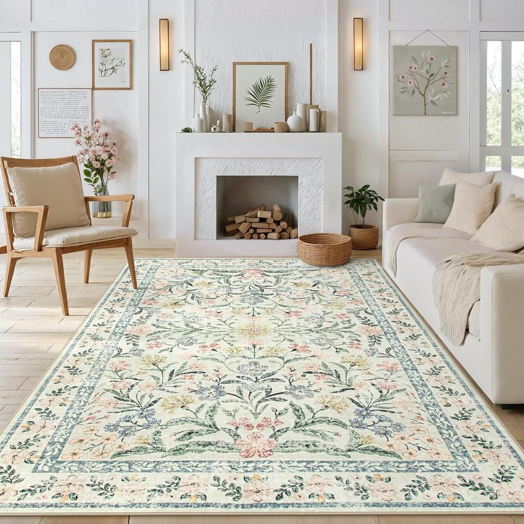 Morebes Boho Rugs for Living Room, Large 8 x 10 Area Rugs for Living Room Non Slip,Soft Ultra-Thin Distressed Floral Throw Carpet for Bedroom Office Dining Room, Cream/Multi (8' x 10', Beige)