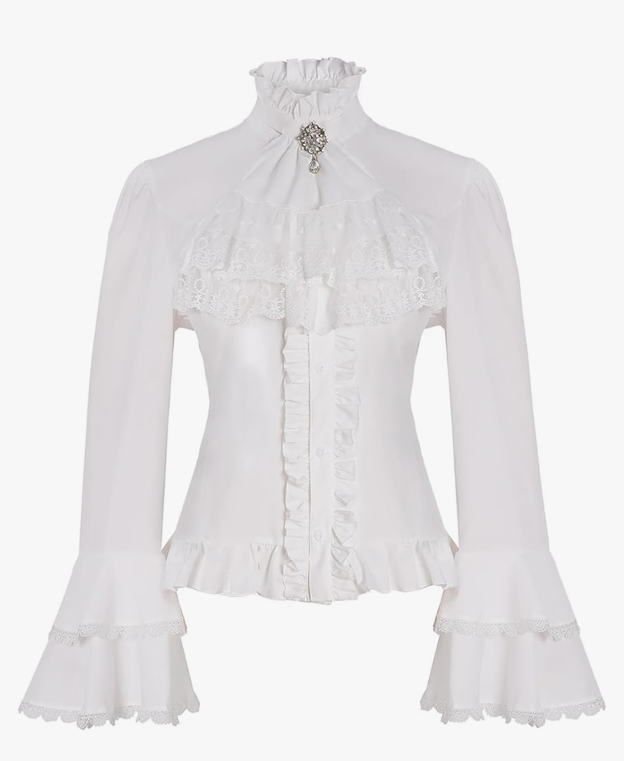 BAIMORE Women's Vintage Gothic Lolita Lotus Ruffle Button Down Flared Long Sleeve Loose Shirt S