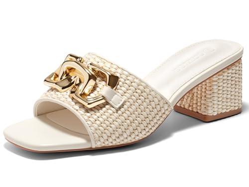 Coutgo Womens Raffia Slide Sandals Chunky Block Heeled Square Open Toe Metal Chain Slip on Mules Dressy Shoes, Beige, Size 6