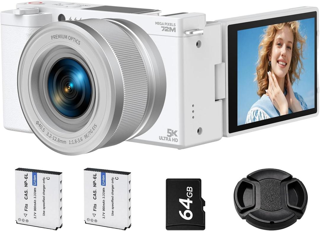 5K Digital Camera for Photography, 72MP Autofocus Vlogging Camera with 6X Optical Zoom, 2.8" 180 Flip Screen Video Camera for YouTube with Anti-Shake, 64GB SD Card, 2 Batteries, White