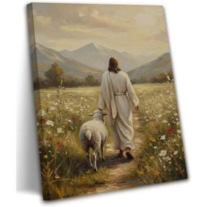 Jesus Leaves The 99 Sheep Canvas Wall Art Christian Lost Sheep Poster Prints Jesus and Lamb Painting God Religious Faith Painting Wall Decor Artwork for Home Church Prayer Room16x24 (Stretched Canvas On A Wooden Frame)