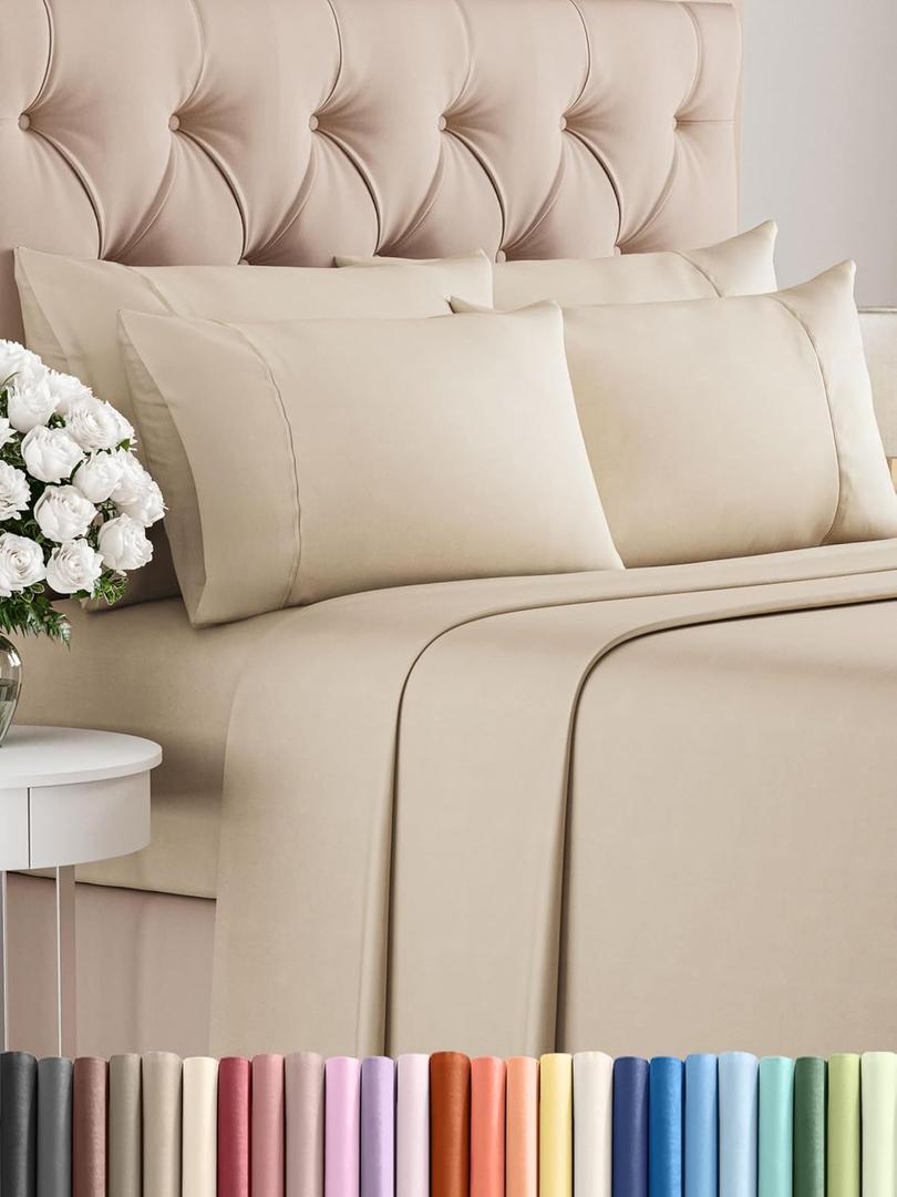 Cal King 6 Piece Sheet Set - Cooling Sheets for Hot Sleepers - Hotel Luxury Bedding Set with 8-16 Inch Deep Pockets - 1 Flat & 1 Fitted & 4 Pillowcases - Ultra Soft, Easy Care & Wrinkle Free - Wheat