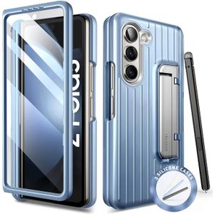 i-Blason for Samsung Galaxy Z Fold 5 Case (2023) with S Pen Holder & 3 Silicone S Pen Covers [Built-in Screen Protector] Full Body Protective Bumper Phone Case for Z Fold 5 with Kickstand (Blue)