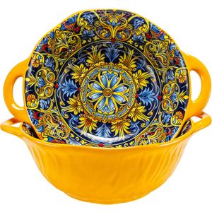 Boho Ceramic Serving Bowls with Handles Set of 2, Ceramic Large Serving Bowls, 40 Oz Porcelain Salad Bowls, Large Serving Dishes for Entertaining, Nesting Mixing Bowls for Soup,Stew,Fruits,Dinner
