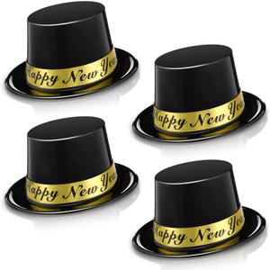 Geyoga 4 Pcs Happy New Years Top Hat 2026 Eve Party black Plastic Celebration Hats for New Years Eve Party Supplies Accessory Costume wear