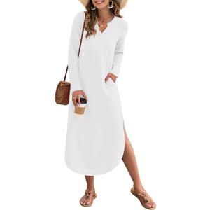 MISFAY Fall Dresses for Women 2026 Casual V Neck Long Sleeve Split Maxi Dress Loose Shirt Dress Solid Outfits with Pockets (White, XXL)