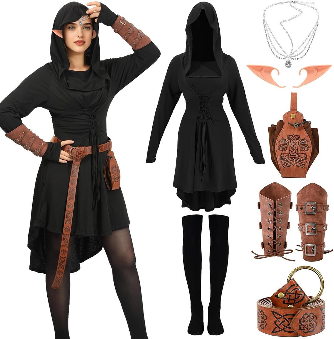 7PCS Renaissance Medieval Costume Women, Hooded Fairy Dress Lace Up Outfits with Vintage Arm Pouch Belt Faux Leather (Black, M)