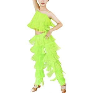 Girls 2 Piece Latin Ballroom Dance Outfits Set Tassel Camisole Fringe Pants Modern Salsa Dancewear (9-10 Years)