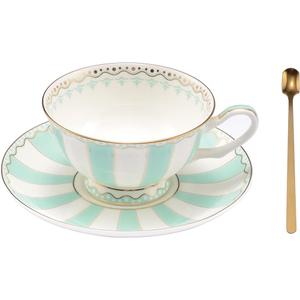Bone China Tea Cup Set with Saucer Spoon - 3 Piece Set (7oz) - Cappuccino & Latte Cups - Mother's Day Gift (Pink)