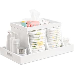 Diaper Caddy Organizer, Changing Table Organizer, Wooden Diaper Organizer for Nursery, Baby Diaper Storage Organizer with Removable Dividers (White, Rectangular Size) (16.1x8.7)