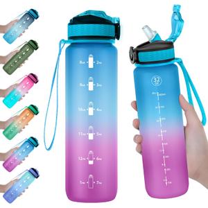 EYQ 32 oz Water Bottle with Time Marker, Carry Strap, Leak-Proof Tritan BPA-Free, Ensure You Drink Enough Water for Fitness, Gym, Camping, Outdoor Sports (02-Blue/Purple Gradient)