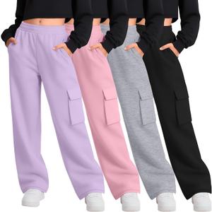 4 Pack Girl's Wide Leg Sweatpants with Cargo Pockets Baggy Elastic High Waist Pants Kids Casual Athletic 5-14Y (Light Purple, Pink, Light Heather Gray, Black)