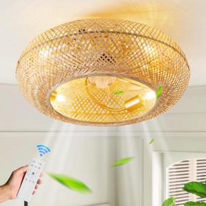 20" Boho Ceiling Fans with Lights and Remote Control,Rattan Caged Flush Mount Ceiling Fan with Light, Enclosed Timing 6 Speeds Reversible for Living Room Bedroom Dining Room