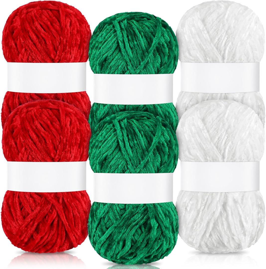 Tondiamo 6 Pack 792 Yards Christmas Velvet Yarn Velvet Chenille Yarn Polyester Blanket Red Green White Crochet for Crocheting Knitting DIY Craft Handmade Scarf Hat Christmas Stockings