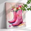 Country Floral Cowgirl Pink Western Boots Wall Decor Cowboy Boots Western Flower Prints Painting Canvas Trendy Preppy Girls Room Decor Pictures For Teen Girls For Living Room Bedroom Wall Decor Art (12x16 Inch)