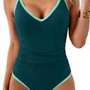 One Piece Swimsuit for Women Tummy Control Slimming Bathing Suit Color Block V Neck Swimwear (Small, Peacock Green)