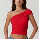 QINSEN Women's One Shoulder Sleeveless T-Shirt (Red)