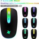 HZD LED Wireless Mouse, Slim Silent Rechargeable Mouse for Laptop, 2.4G Portable USB Optical Mouse with Type C Adapter, 3 Adjustable DPI Levels 1600/1200/800 for Tablet/Computer Black