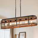 Rustic Farmhouse Wood Kitchen Island Lighting, 6 Lights Rectangular Pendant Light Fixture, Adjustable Rods Oak Wood and Metal Linear Chandelier for Kitchen Island Farmhouse Dining Room, Black