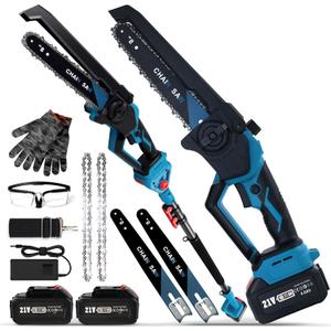 Cordless Pole Saw and Mini Chainsaw, 8-Inch, 16 Ft Reach 2 batteries, 175° Pivoting Head, Auto Oiler, Tool-Free Tensioning, Shoulder Strap, and Safety Gear