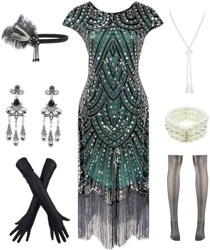 Letter Love Womens Vintage Lace Fringed Gatsby 1920s Cocktail Dress with 20s Accessories Set, XL