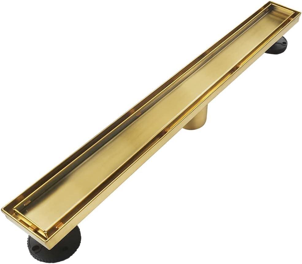 Neodrain 60-Inch Gold Linear Shower Drain, 2-in-1 Flat & Tile Insert Cover, Stainless Steel Linear Drain, Brushed Brass Rectangle Shower Floor Drain with Hair Strainer, Watermark&CUPC Certified