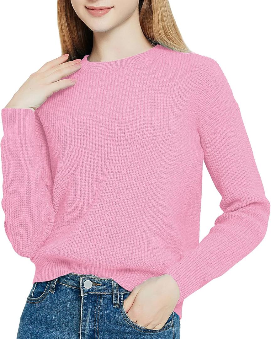 Urban CoCo Women's Solid Long Sleeve Crew Neck Knitted Pullover Sweater Tops (Pink, XL)