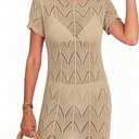 Falechay Womens Swimsuit Coverup Round Neck Short Sleeve Knit Summer Beach Dress See Through Crochet Mesh Bathing Suit Hollow Out Flowy Cover Ups 2026 Beige M