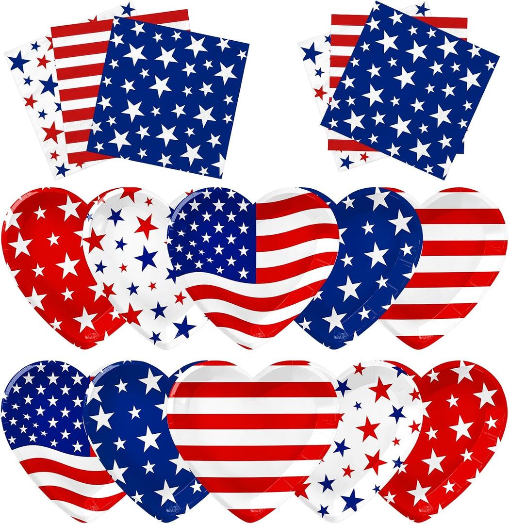 2 x 4th Of July Party Supplies,Patriotic Paper Plates and Napkins Red White Blue Fourth Of July Party Decorations for Memorial Day Party