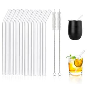[10 Pcs] Reusable Short Bent Glass Straws - 6" x 8 mm Clear Glass Straws Shatter Resistant Cocktail Straw With 2 Cleaning Brushes for Whiskey,Coffee,Short Tumblers