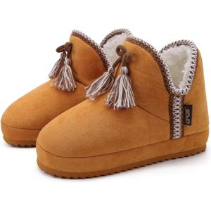 GPOS Womens House Knit Bootie Slippers Fuzzy Plush Lining Winter Ladies Warm Suede Fluff Slippers Lightweight Cozy Thick Memory Foam Comfortable Home Shoes Hard Bottom for Indoor Outdoor Size 5-11 (Khaki)