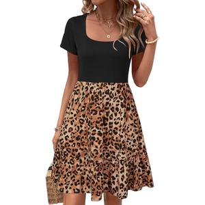 Newshows Women's Summer Dress Short Sleeve Square Neck Dresses Casual Beach Vacation A Line Ruffle Sundress with Pockets(Brown Leopard, S)
