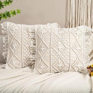 Macram Pillow Cover- Set of 2 Boho Cushion Cover 100% Cotton Decorative Fringe Pillow Cover Boho Home Decor