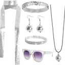 6 Pcs 70s Women Disco Accessories Disco Costume Disco Sequin Scarf Headband Diamond Bracelet Ball Necklace Earring Glasses