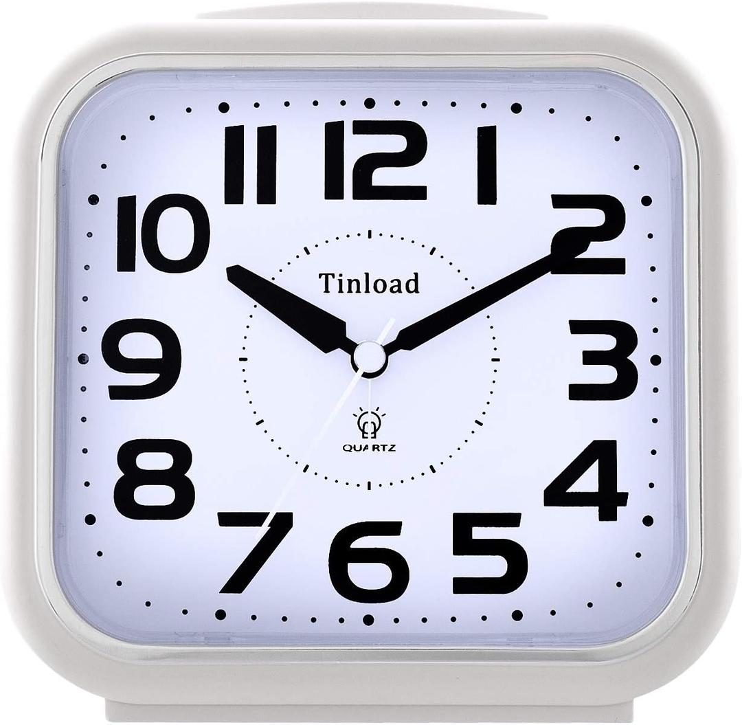 Tinload 5.5" Large Analog Alarm Clock Silent Non Ticking, Gentle Wake, Beep Sounds, Increasing Volume, Battery Operated Snooze and Manual Light, Easy Set, White (Best for Elder)
