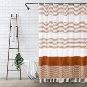 Awellife Boho Orange Shower Curtain for Bathroom Farmhouse Natural Linen Stripe Tassel Shower Curtain (Orange, 84" L x 72" W)